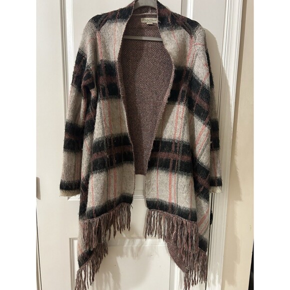 Lucky Brand Size Large Wool Mohair Blend Sweater Woman’s Pink Plaid Cardigan - Picture 4 of 11